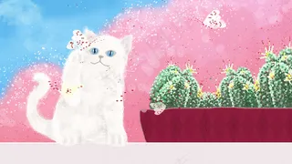 春日樱花仙人掌猫咪与蝴蝶嬉戏配图