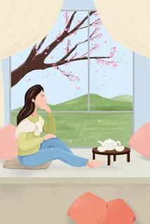 立春春晓女孩窗前看桃花