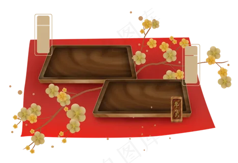 中国风木质托盘展架和复古文字框,免抠元素