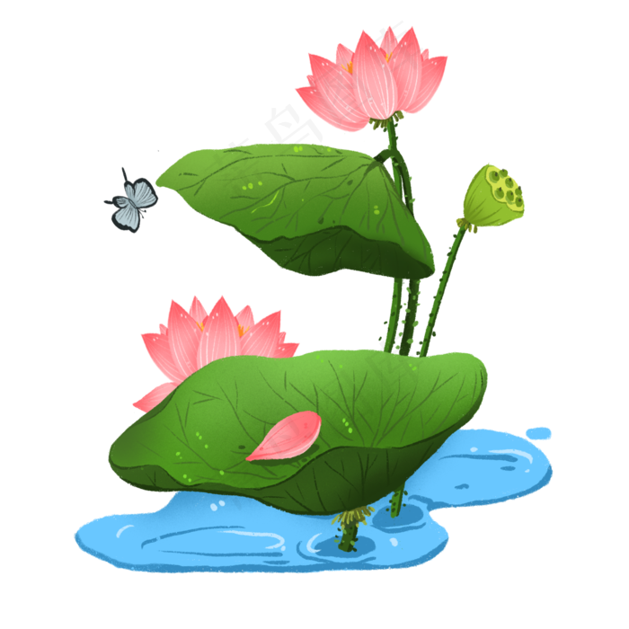 盛开的荷花和蝴蝶免抠元素(2000X2000(DPI:300))psd模版下载