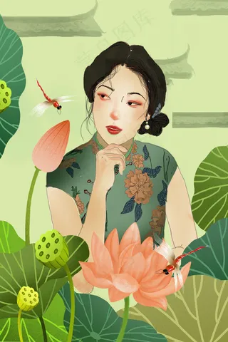 荷花民国风女人物夏至春季蜻蜓旗袍复古风