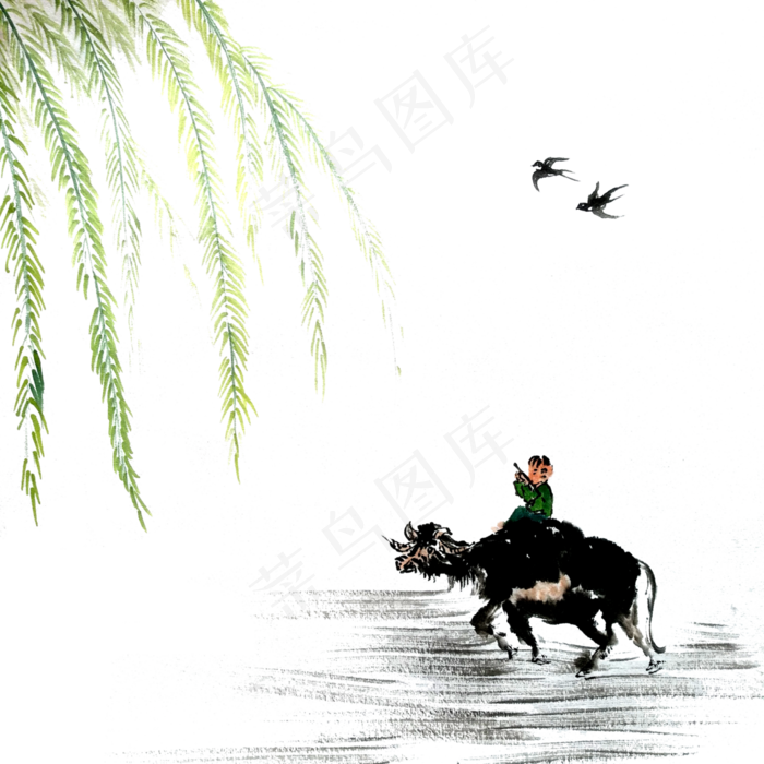 二十四节气农历清明牧童水牛燕子,免抠元素