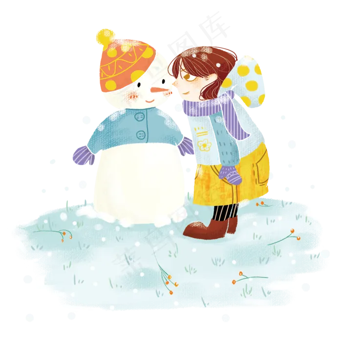 冬季冬天节气冬装卡通雪人和小女,免抠元素(2000*2000px 300 dpi )psd模版下载
