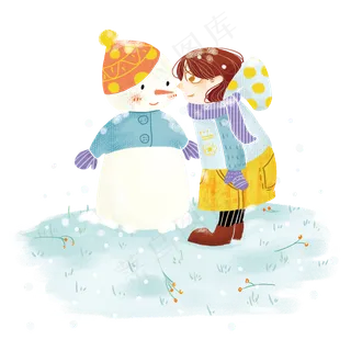 冬季冬天节气冬装卡通雪人和小女,免抠元素