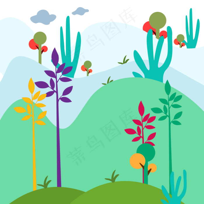 卡通小清新山和树