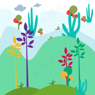 卡通小清新山和树