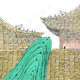 国画古建筑装饰画,免抠元素 国画古建筑装饰画,免抠元素