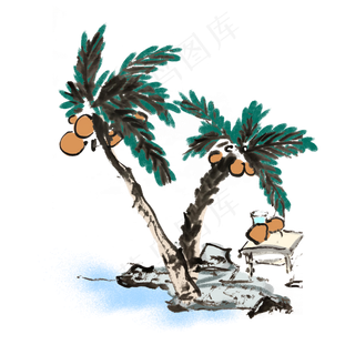 夏天椰树海滩椰子手绘