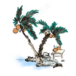 夏天椰树海滩椰子手绘