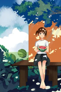 卡通清新小暑夏天夏季乘凉吃西瓜手绘插画