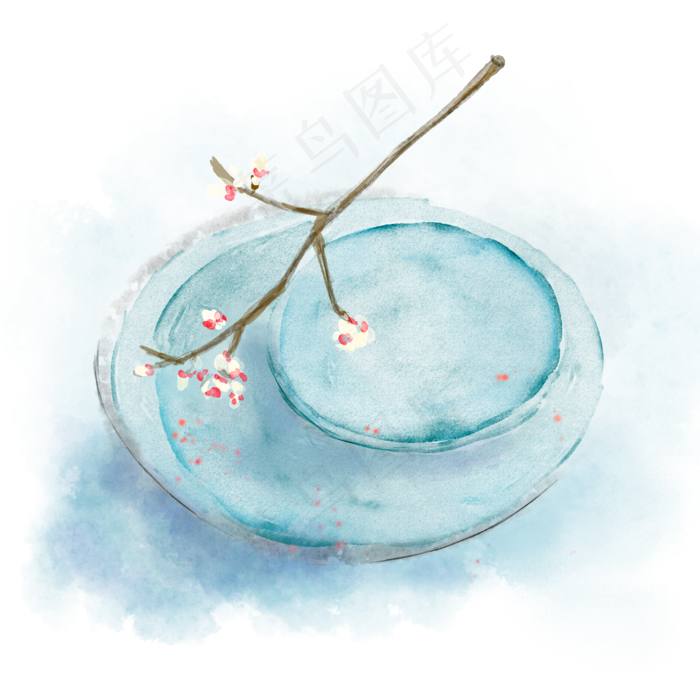 手绘水彩放在盆子上的桃花花骨朵