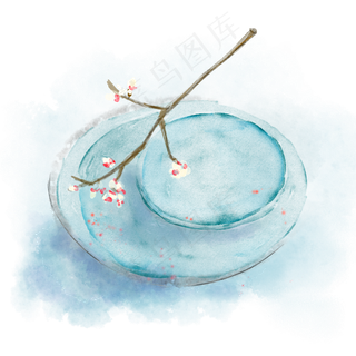 手绘水彩放在盆子上的桃花花骨朵