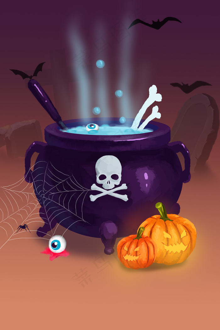 万圣节火炉煮骨头恐怖场景插画