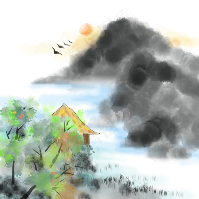 中国风水墨重山流水(2000X2000(DPI:300))psd模版下载