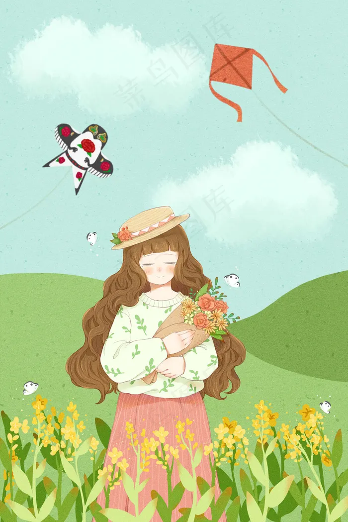 春季春天少女花束油菜花风筝唯美小清新(3545X5315(DPI:300))psd模版下载