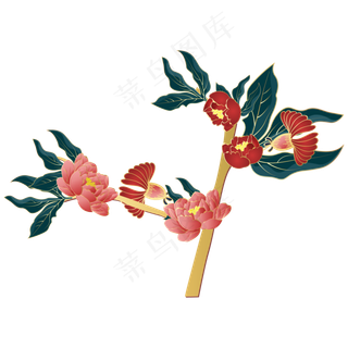 国潮花朵树枝装饰,免抠元素