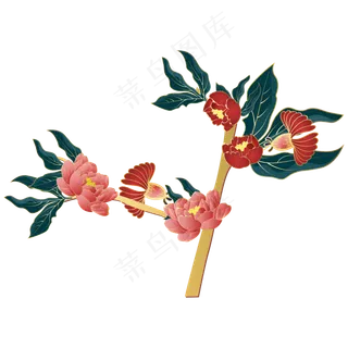 国潮花朵树枝装饰,免抠元素