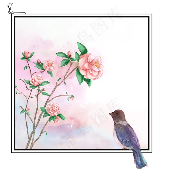 水粉山茶花中国风花鸟边框花卉植,免抠元素(2000X2000(DPI:300))psd模版下载