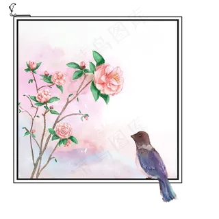 水粉山茶花中国风花鸟边框花卉植,免抠元素