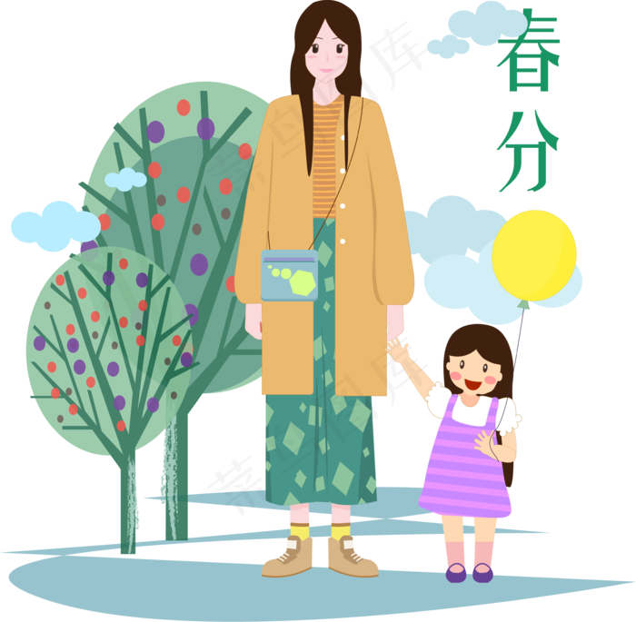 春分郊游的小孩和妈妈,免抠元素