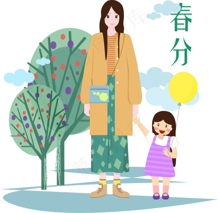 春分郊游的小孩和妈妈,免抠元素