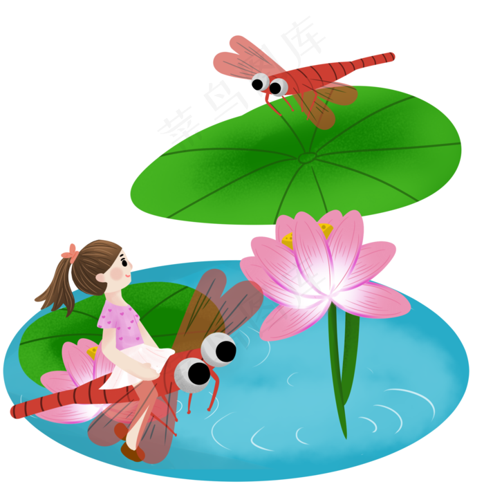 夏季夏天荷花荷叶与蜻蜓和小女孩