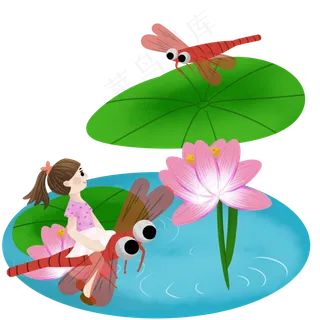 夏季夏天荷花荷叶与蜻蜓和小女孩