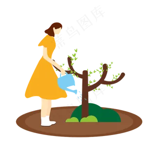 矢量手绘卡通女孩植树
