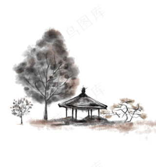 水墨房屋亭子大树免抠