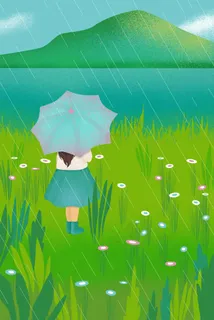 绿色春天小清新女孩雨天风景配图