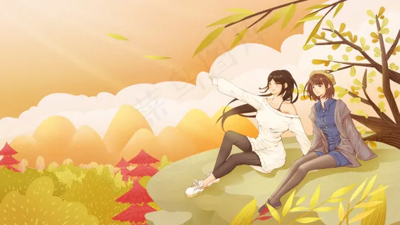 橙色黄色秋天立秋扁平噪点风女孩登山散步 橙色黄色秋天立秋扁平噪点风女孩登山散步