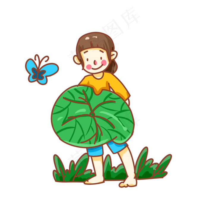 夏天拿着荷花的女孩手绘插画