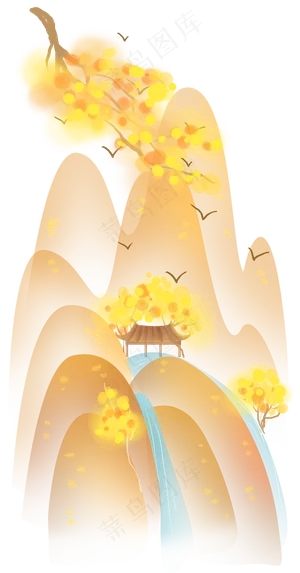 中国风秋季渐变色山水,免抠元素