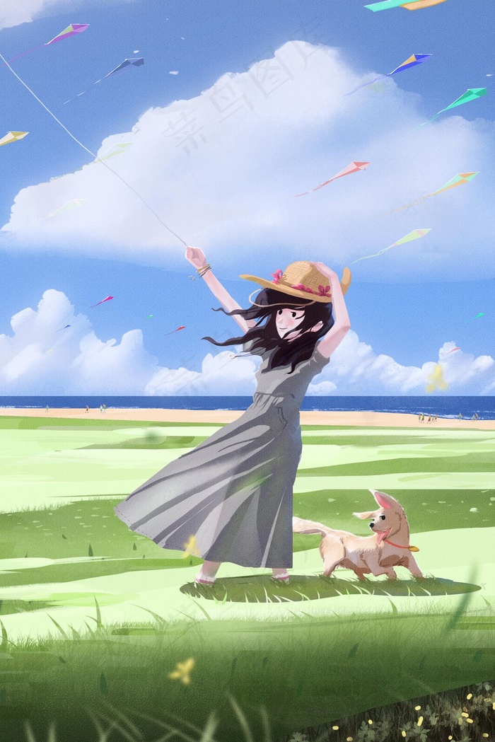 海边放风筝的女孩(3545X5315(DPI:300))psd模版下载