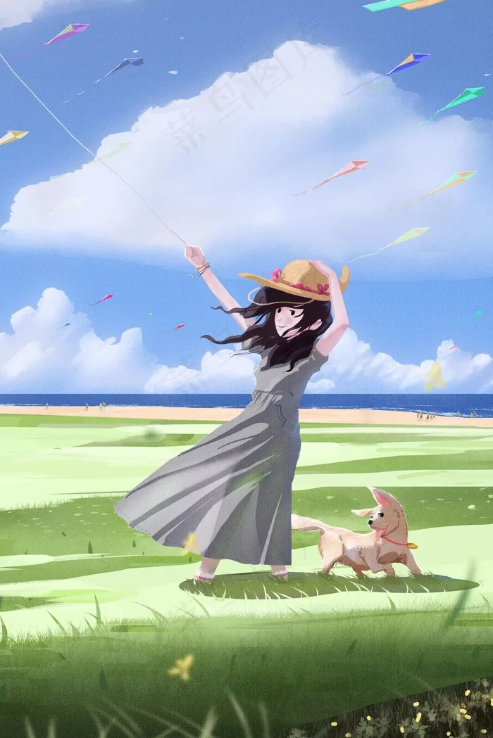 海边放风筝的女孩(3545X5315(DPI:300))psd模版下载