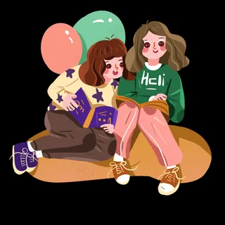 儿童节坐在一起看书的小姐妹pn