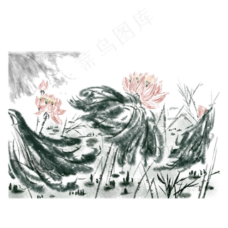 水墨荷花莲花花鸟PNG叶,免抠元素