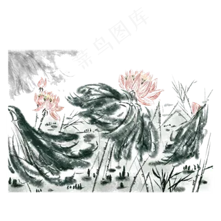 水墨荷花莲花花鸟PNG叶,免抠元素