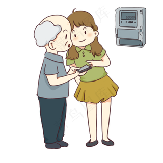 父亲节手绘卡通教老人用手机