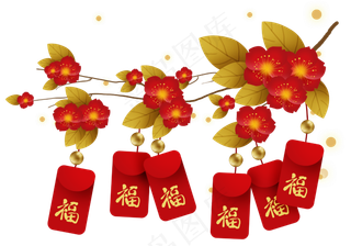 农历新年梅花和红包,免抠元素