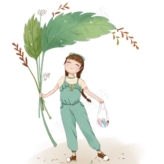 夏天女孩买冰棍拿叶子挡雨