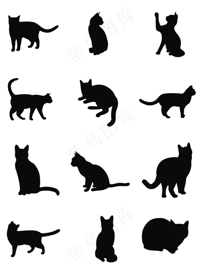 猫咪十二种动态剪影,免抠元素(2000*2680px 300 dpi )ai矢量模版下载