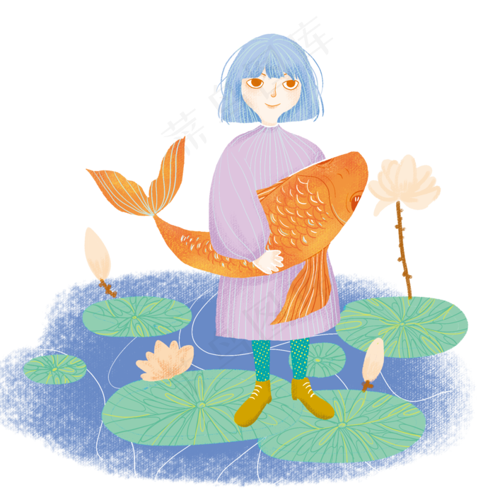 卡通手绘抱锦鲤的可爱女孩创意海