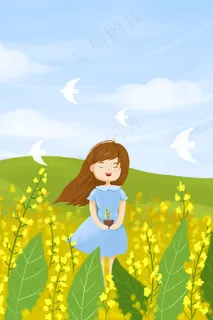 油菜花春天女孩郊游田野微风花海山绿色清新
