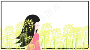 卡通油菜花与女孩小清新边框,免抠元素