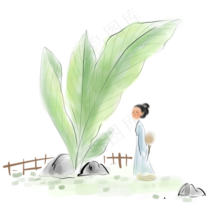 水墨芭蕉和仕女,免抠元素