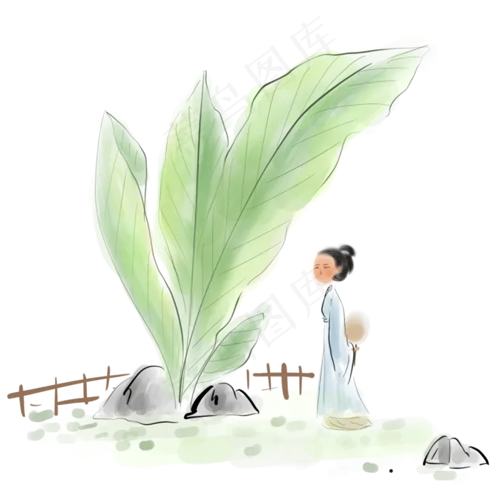 水墨芭蕉和仕女,免抠元素