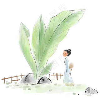 水墨芭蕉和仕女,免抠元素