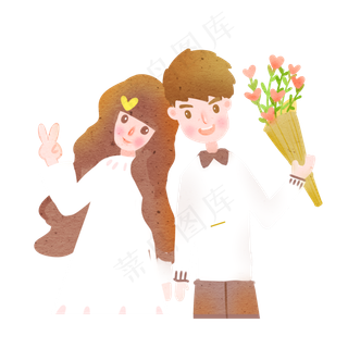 手拿花束的卡通开心照相情侣元素