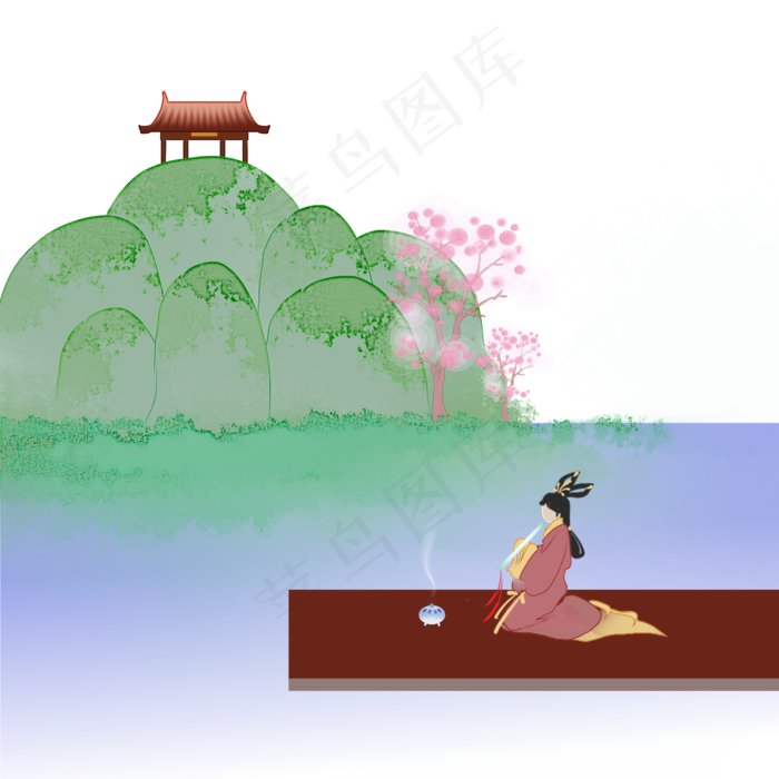 水畔凉箫古风风景仕女(2000X2000(DPI:300))psd模版下载